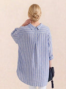 relaxed oversized linen shirt with back-pleat detail and coastal stripe pattern