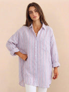 Relaxed oversized linen shirt with dropped shoulders and back-pleat detail in sorbet stripe design