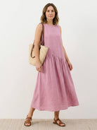 Cotton-linen summer midi dress with tiered skirt and relaxed drop-waist silhouette in lightweight fabric