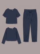 Cotton-linen three-piece set with relaxed top and straight-leg pants in monochrome tones