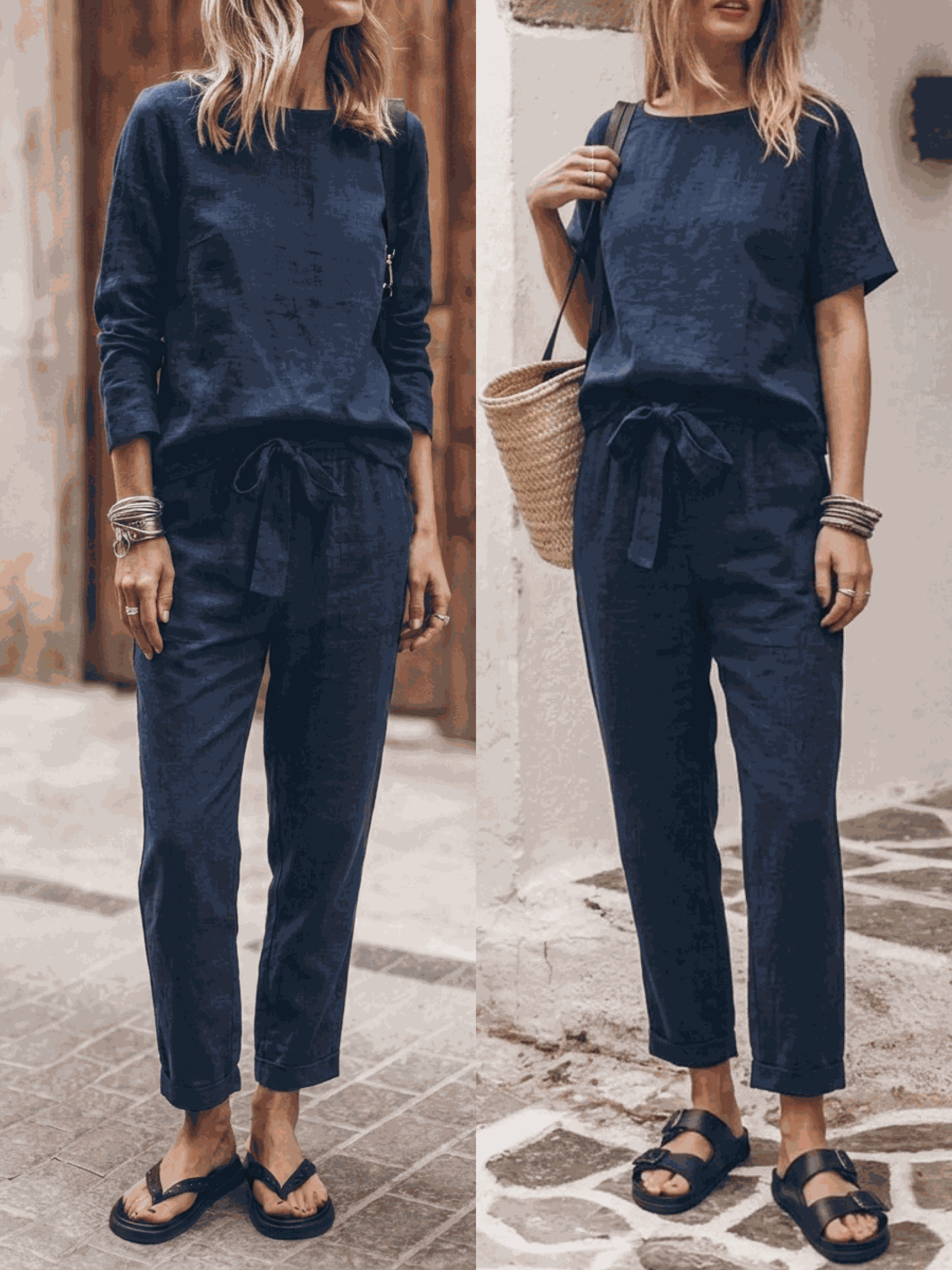 women's cotton-linen set relaxed two-piece breathable fabric monochrome outfit