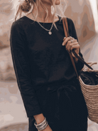 Cotton-linen monochrome three-piece set with relaxed top and straight-leg pants on model