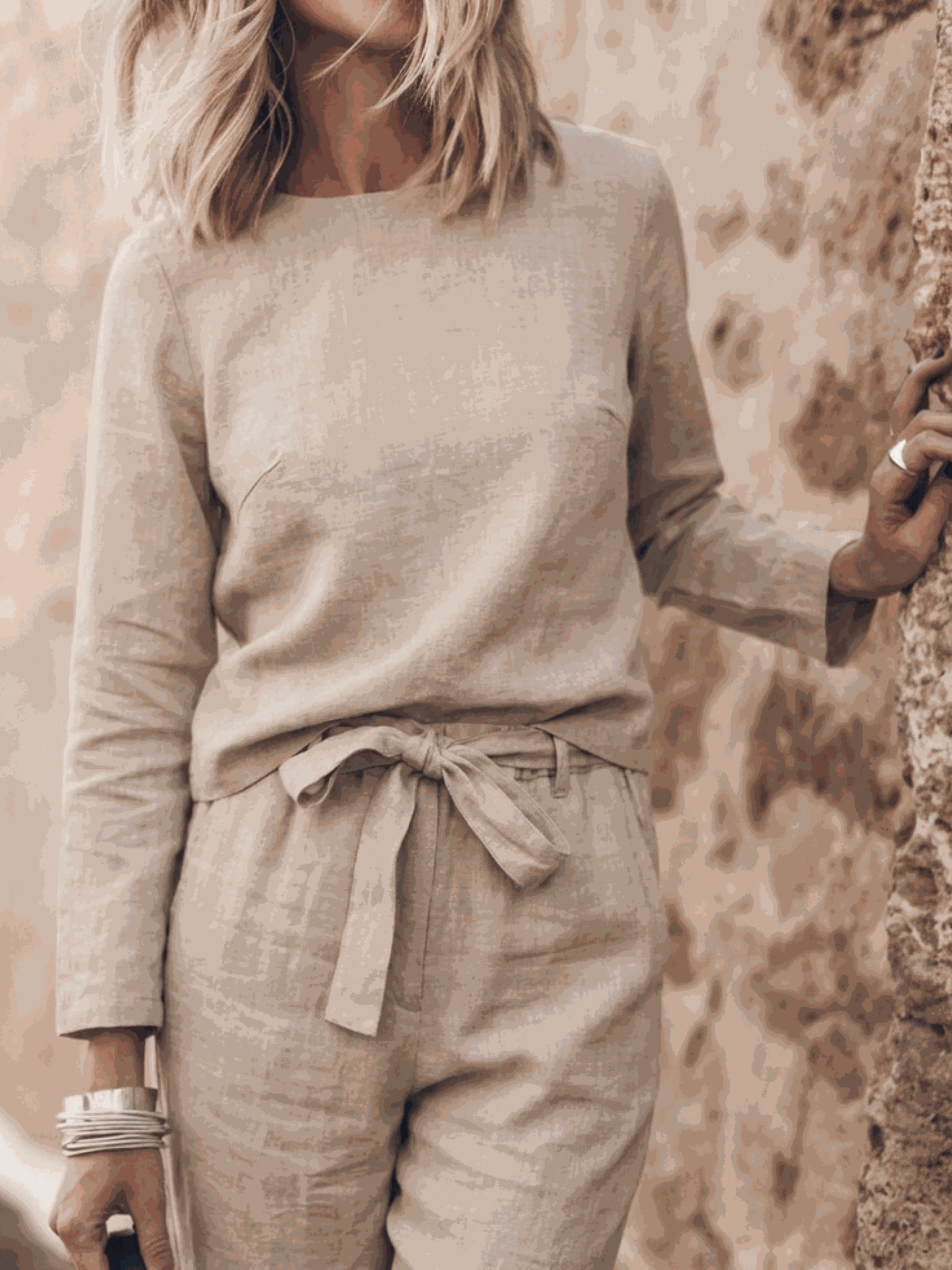 Cotton-linen two-piece set with relaxed short-sleeve top and straight-leg pants in monochrome tones