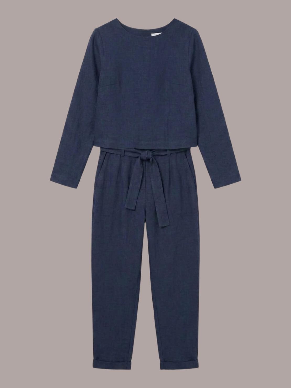 Woman wearing relaxed cotton-linen monochrome longline top and wide-leg pants set
