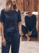Cotton-linen three-piece set with relaxed short-sleeve top and straight-leg pants in monochrome tones