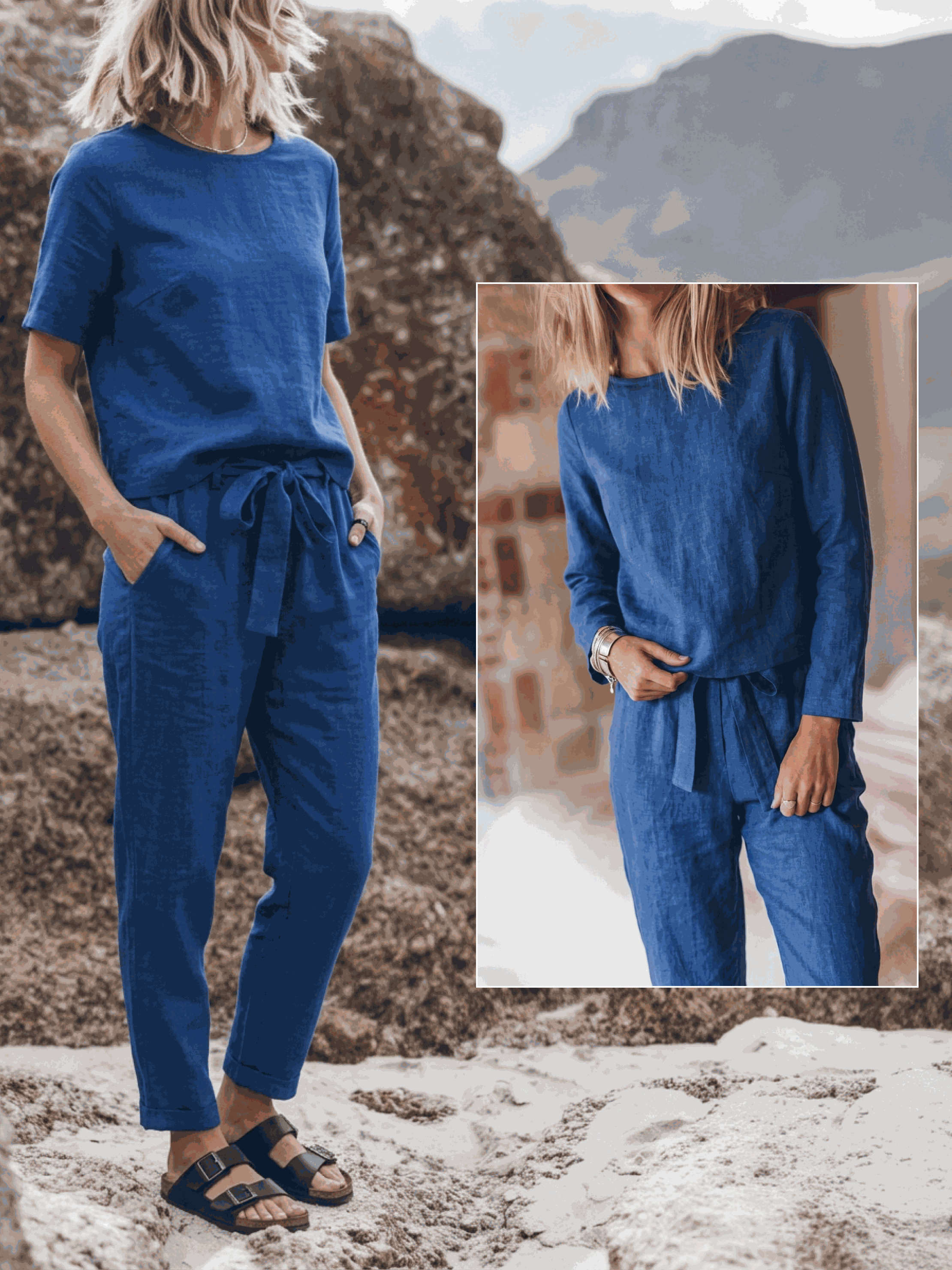 Women's cotton-linen set with relaxed short-sleeve top and straight-leg pants in a breathable monochrome fabric