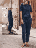 Three-piece cotton-linen set with relaxed short-sleeve top and straight-leg pants in monochrome breathable fabric