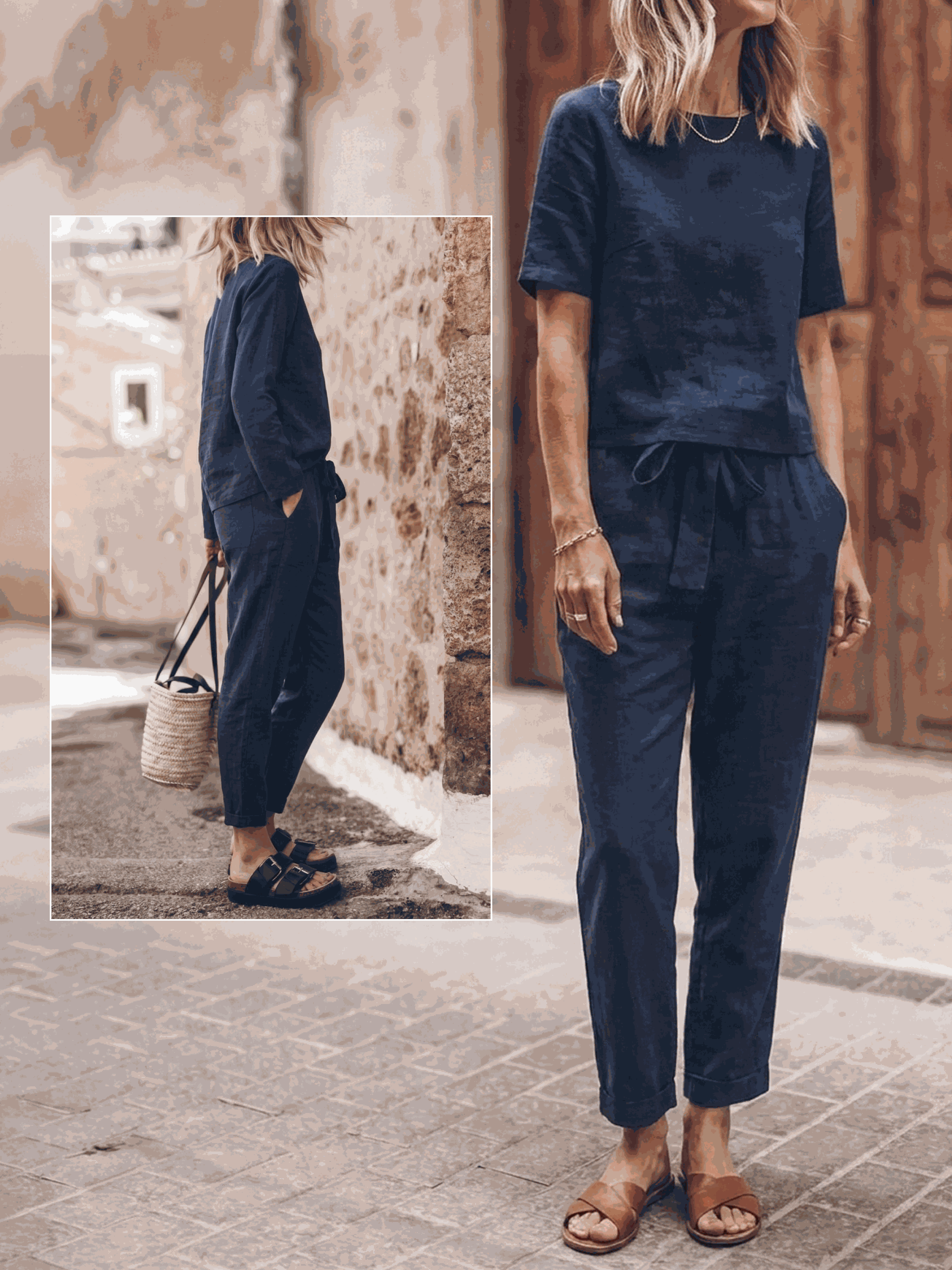 Three-piece cotton-linen set with relaxed short-sleeve top and straight-leg pants in monochrome breathable fabric