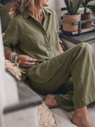 Woman wearing oversized 100% cotton shirt and wide-leg pants co-ord set in relaxed fit