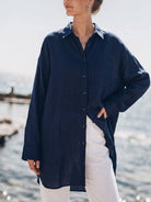 Oversized relaxed cotton linen shirt with dropped shoulders and back pleat detail