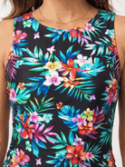 High-neck ruched tankini set with gathered side seams and built-in brief swimwear for women