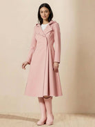 Water-repellent A-line hooded raincoat with matching belt and insulated lining for women