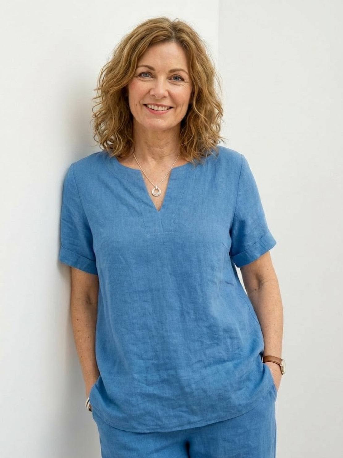 Women’s breezy cotton blend two-piece summer outfit with short-sleeve shirt and elastic waist pants