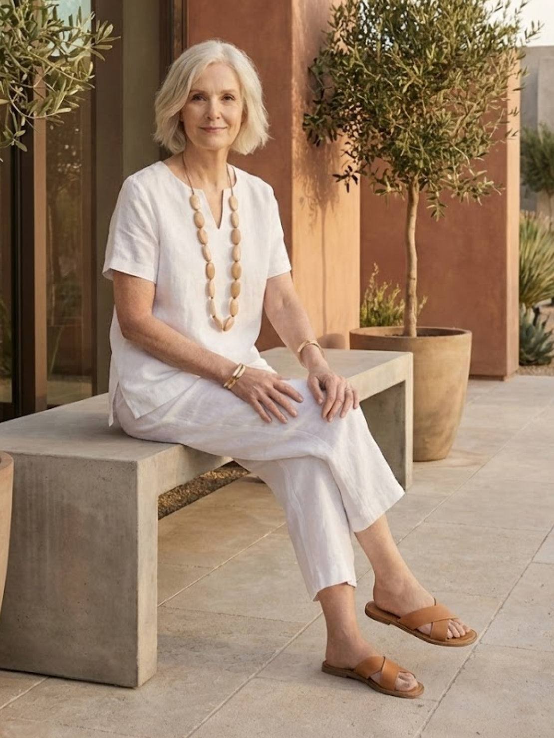 Woman wearing breezy cotton blend two-piece set for summer comfort and style