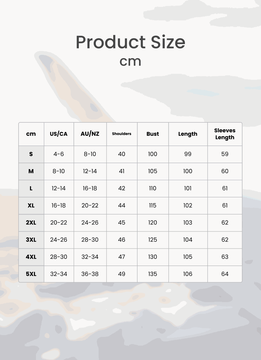 Oversized long zip sweatshirt hoodie size chart with measurements in cm for shoulders, bust, length, and sleeves