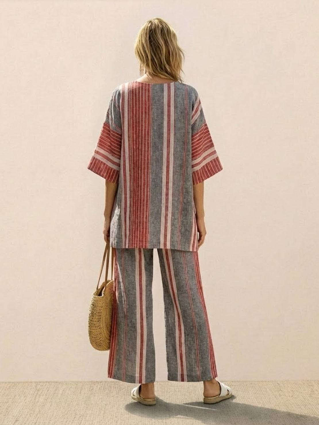 Coastal Comfort Linen two-piece set with lace details and breathable fabric on white background