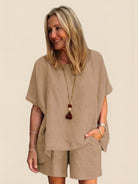 Comfy linen-like shirt and shorts two-piece set for breathable, versatile summer wear