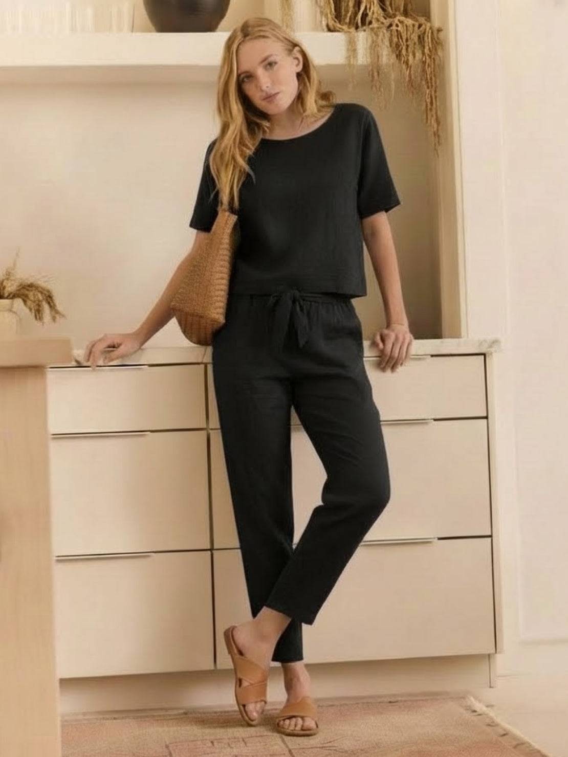 Cotton-linen blend monochrome two-piece set with breathable fabric and relaxed fit