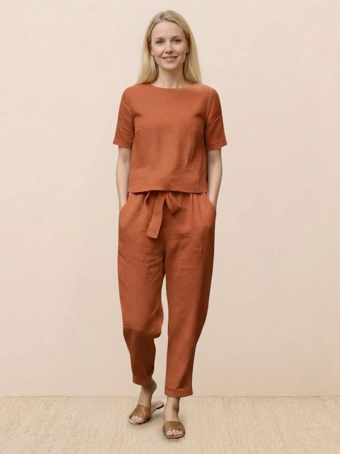 Cotton-linen blend monochrome two-piece set with relaxed fit and breathable fabric