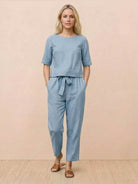 Cotton-linen blend monochrome two-piece set with breathable fabric and relaxed fit for all-day comfort