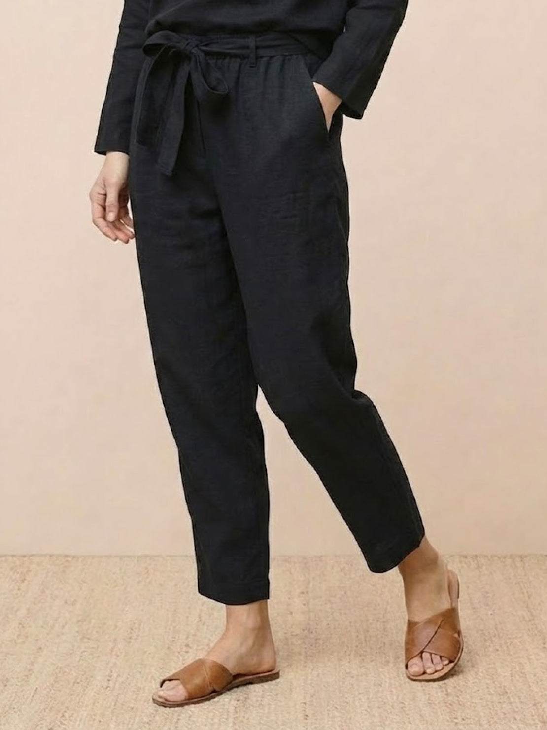 Cotton-linen monochrome relaxed longline top and wide-leg pants set in neutral tones