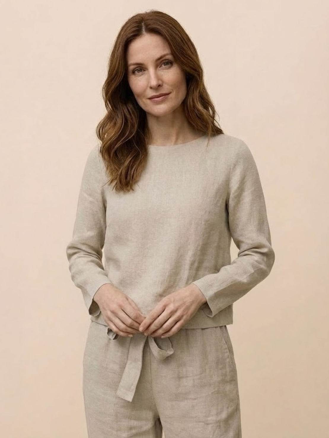 Cotton-linen monochrome two-piece relaxed longline top and wide-leg pants set