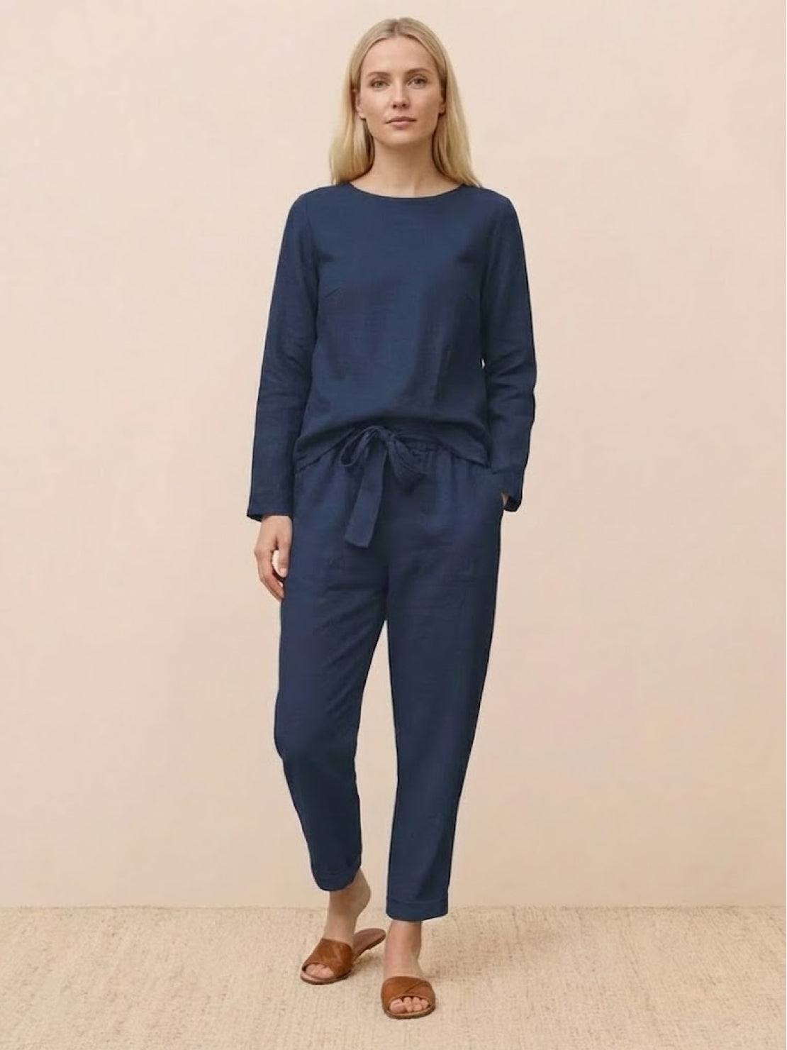 Cotton-linen monochrome relaxed longline top and wide-leg pants set in neutral tones