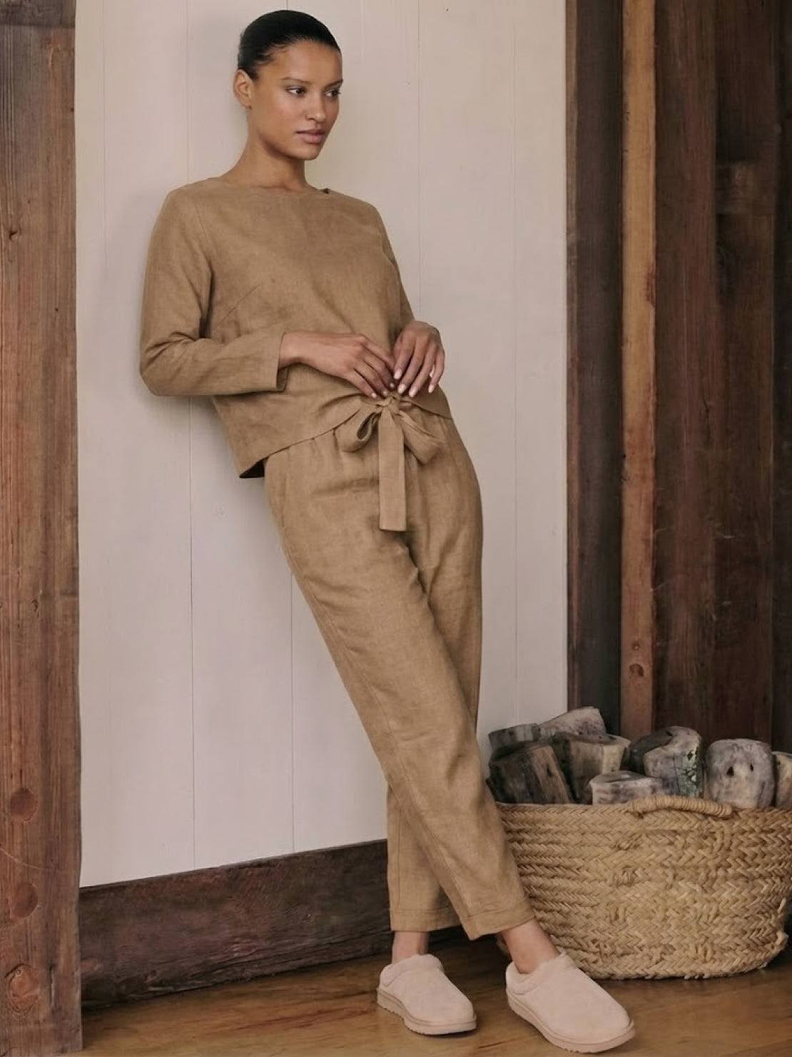 Cotton-linen monochrome relaxed longline top and wide-leg pants set with minimalist design and natural texture