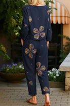 cotton-linen monochrome relaxed floral print longline top and wide-leg pants set