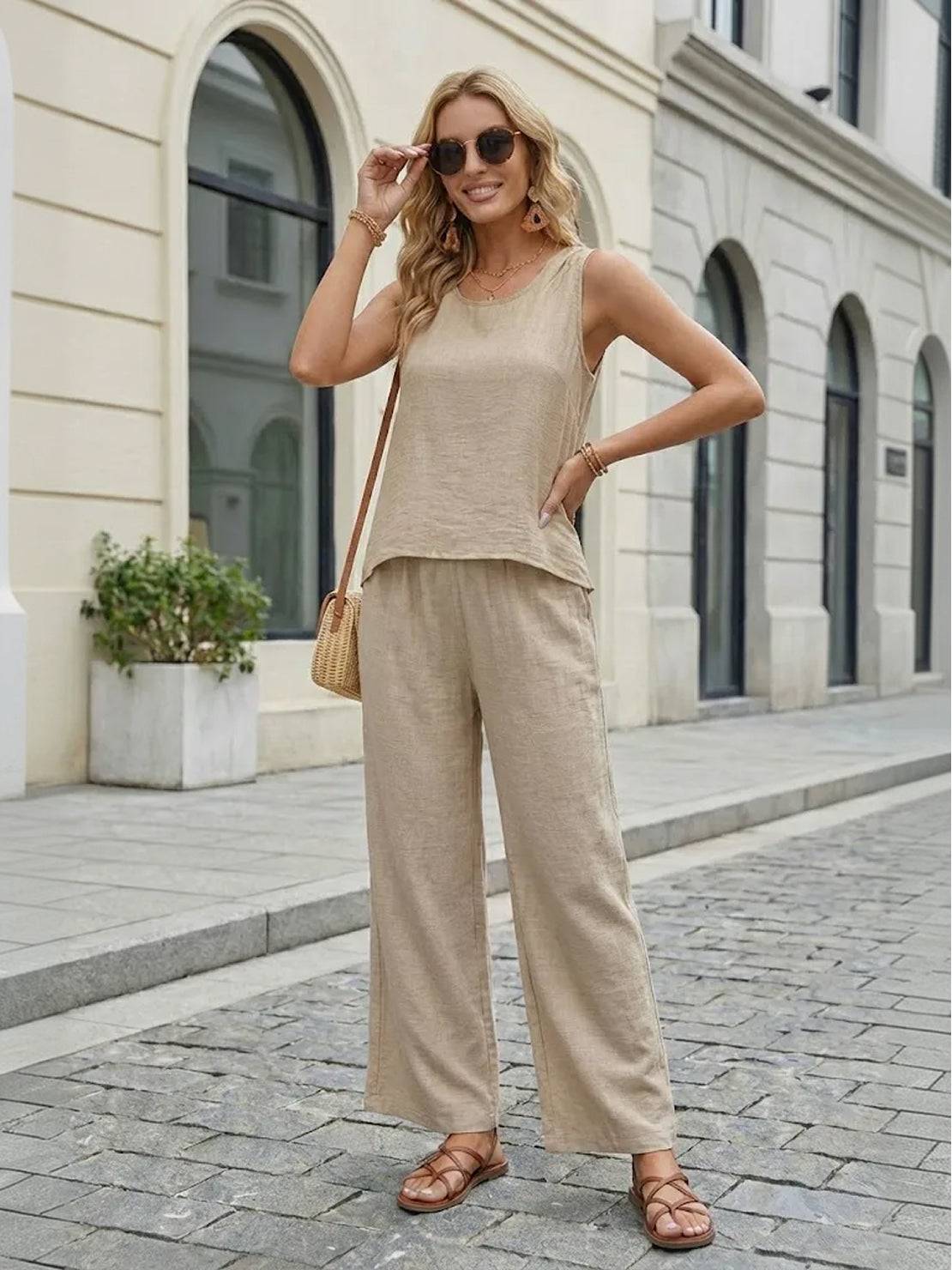 Dreamcatcher Crochet-Back two-piece set with sleeveless asymmetric top and wide-leg palazzo pants in linen-look fabric