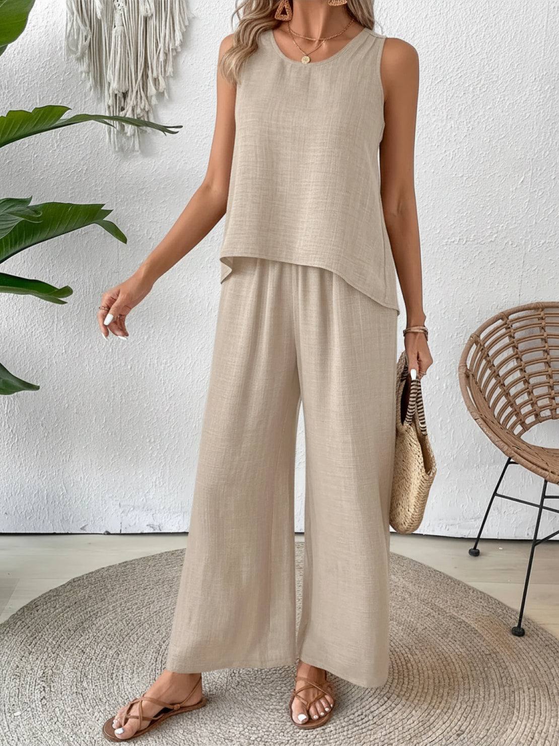 Dreamcatcher Crochet-Back two-piece boho set with crochet mandala back and wide-leg palazzo pants in linen-look fabric