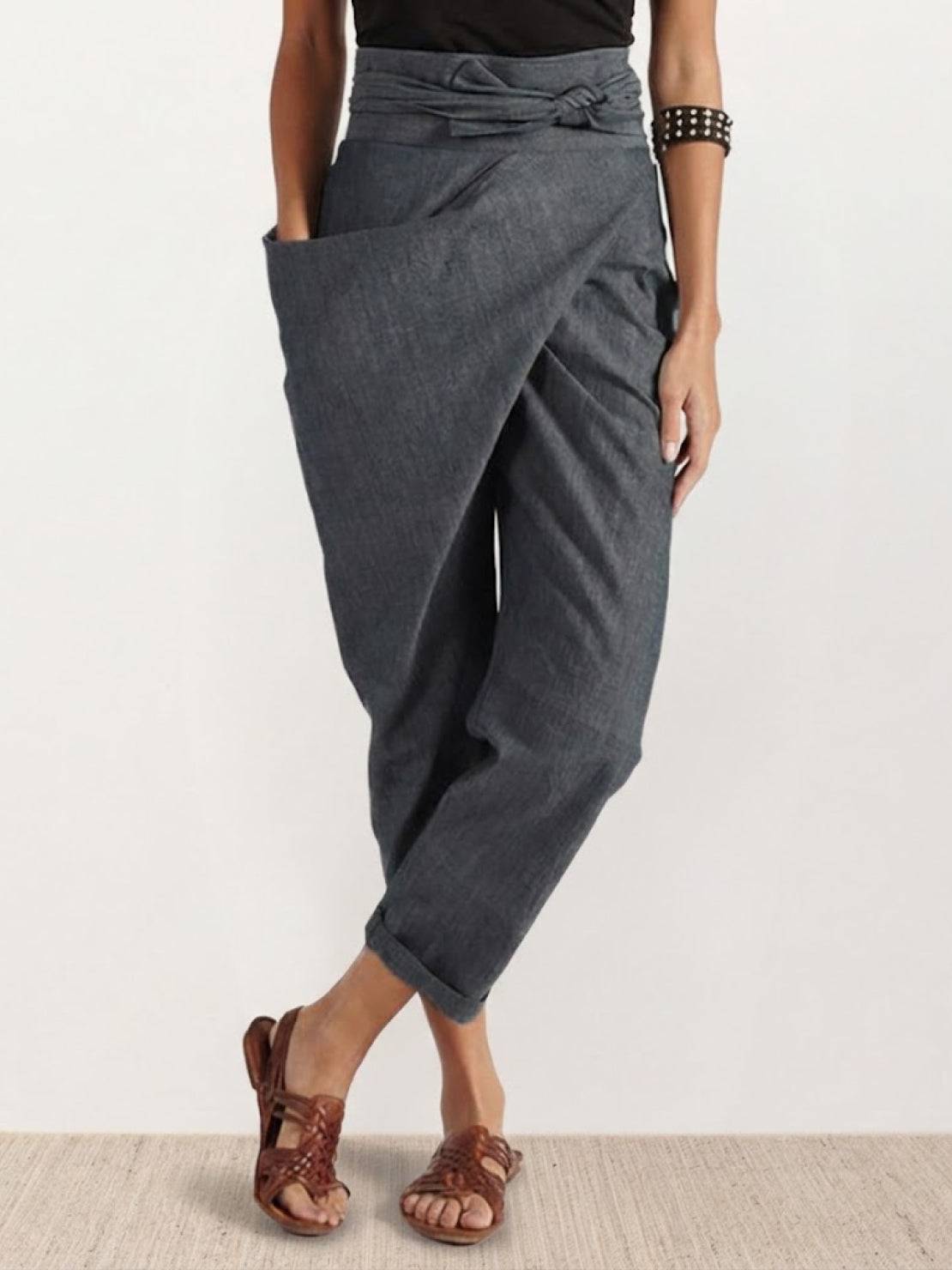 High-Waist Wrapped Pants in breathable stretch fabric with unique wrap design and side pocket for casual all-day comfort