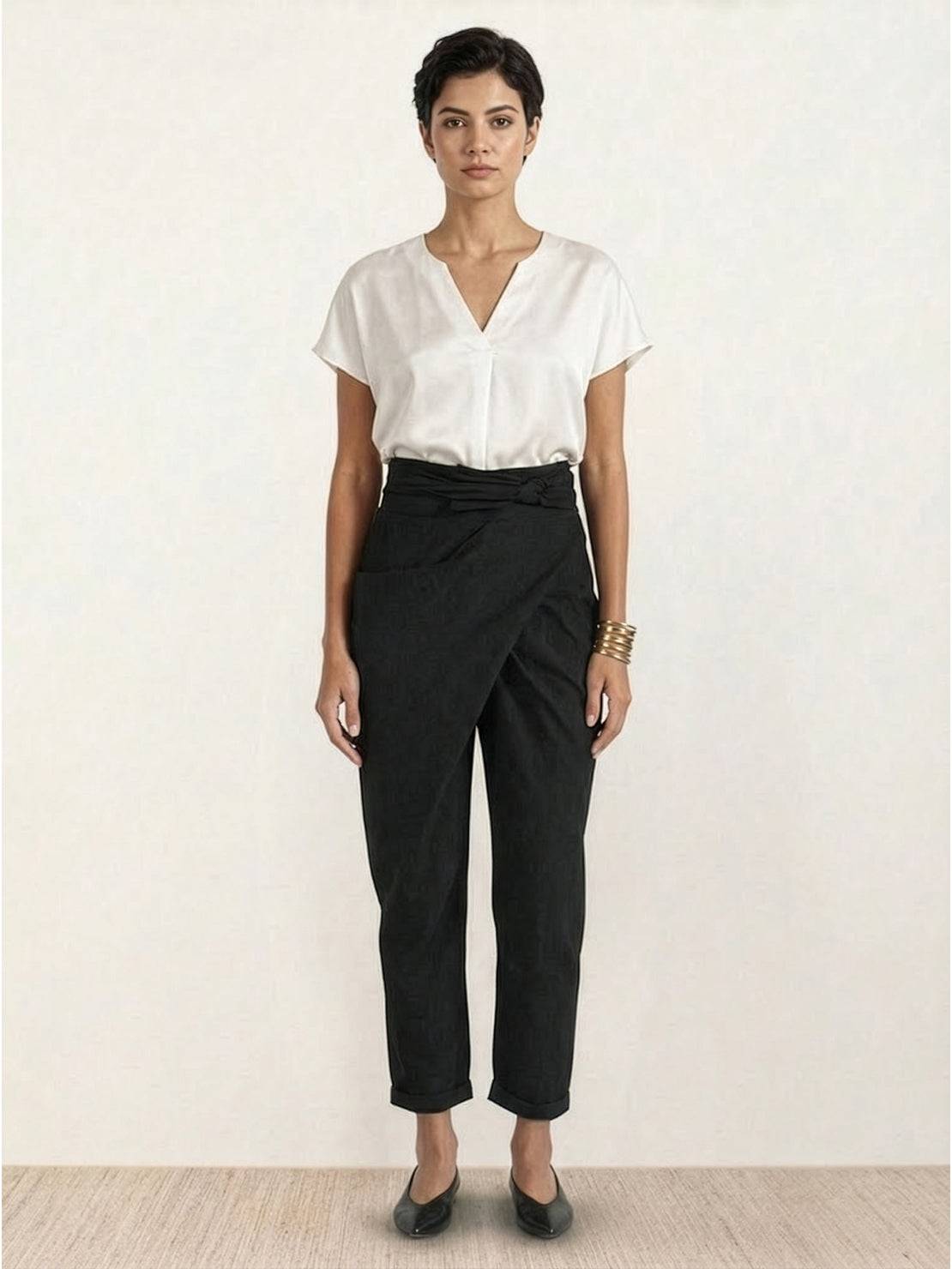 Women's high-waist wrapped comfy pants in breathable stretch fabric with loose fit and unique wrap design