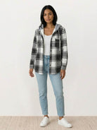 Highland Plaid Shacket cozy hooded overshirt with fleece lining and button front closure in classic plaid pattern
