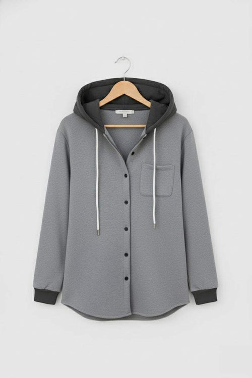 Highland Plaid Shacket gray hooded button-front relaxed fit with front pocket and soft fleece lining.
