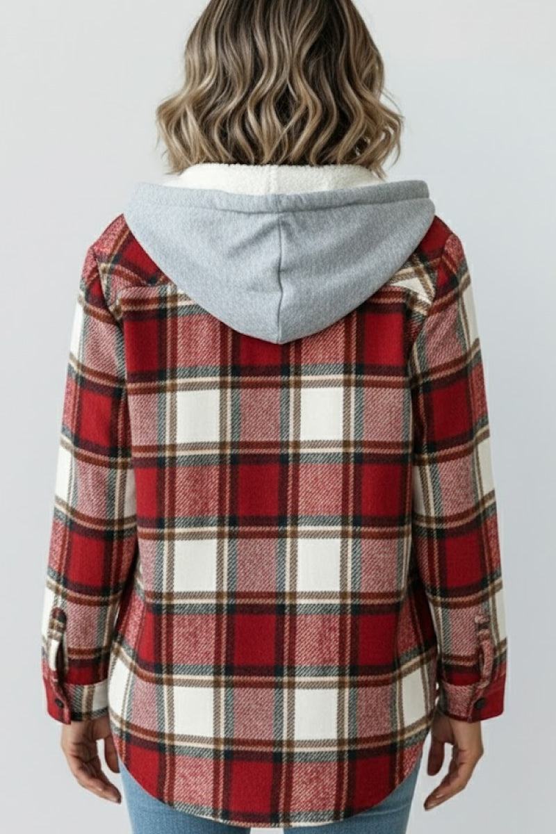 Back view of woman wearing Highland Plaid Shacket with red plaid pattern and attached gray hood