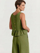 Two-piece linen-like feel set for women, lightweight breathable fabric with wrinkle-resistant comfort, perfect for travel and inclusive sizing