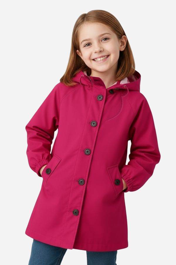 Junior water resistant oversized hooded windbreaker rain jacket for kids, bright pink, lightweight and waterproof.