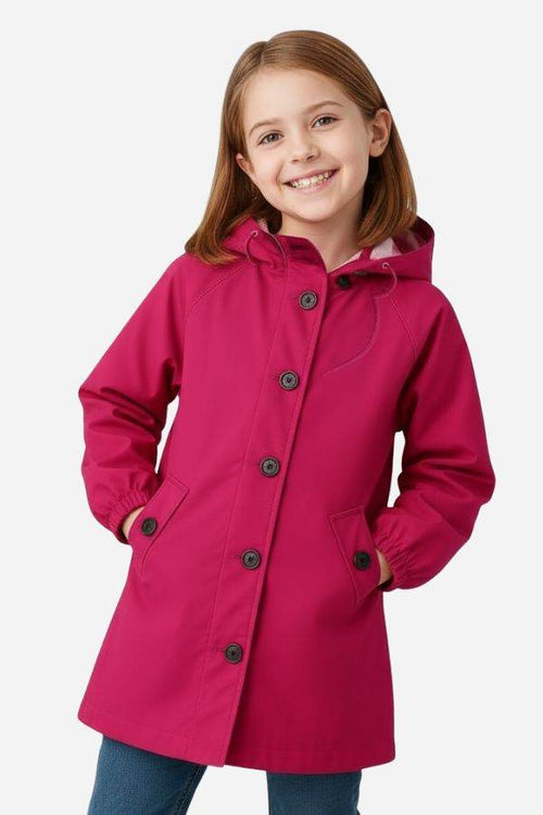 Junior water resistant oversized hooded windbreaker rain jacket for kids, bright pink, lightweight and waterproof.