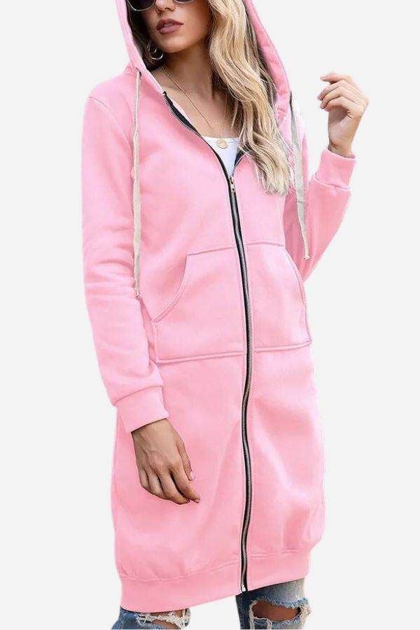 Oversized long zip sweatshirt hoodie in pink with fleece lining and front pockets