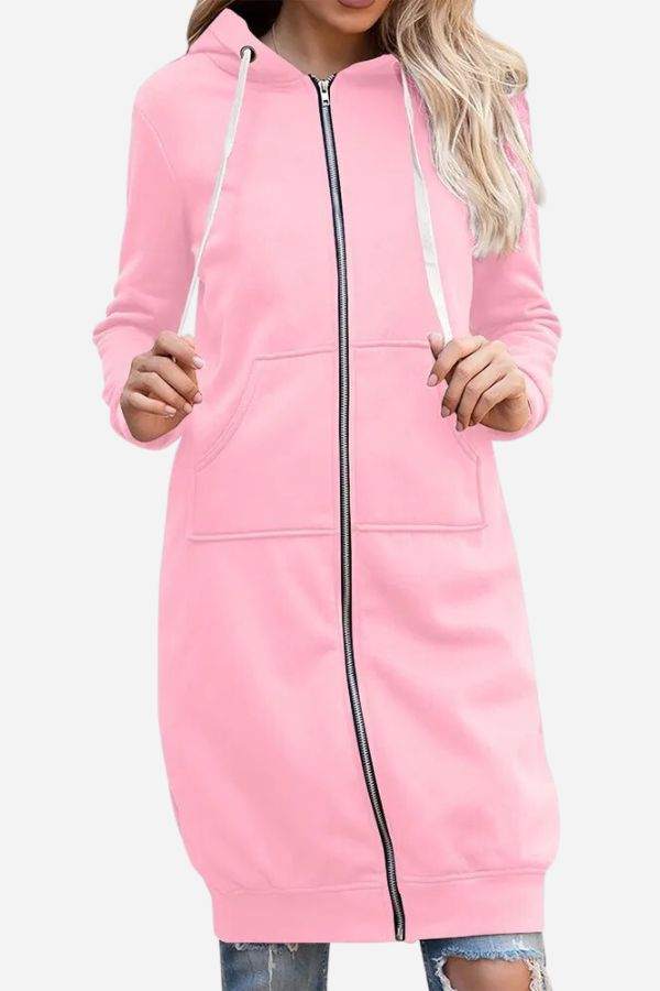 Pink oversized long zip sweatshirt hoodie with drawstring hood and front pockets