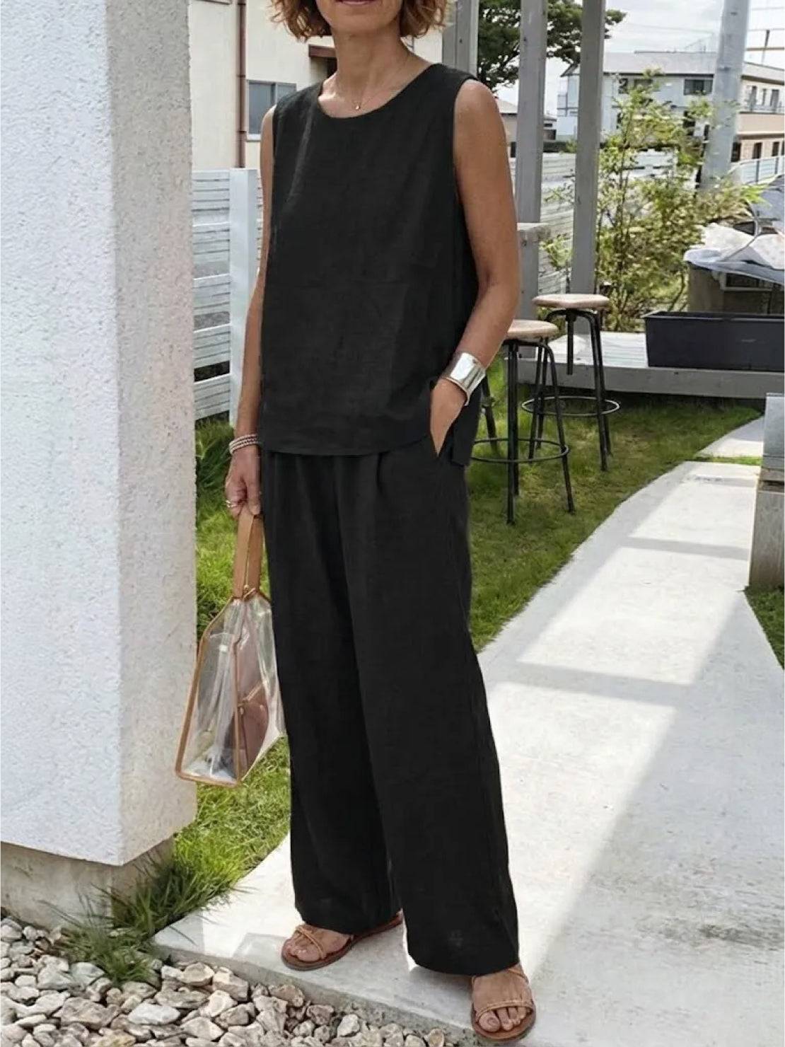 loose solid color sleeveless two-piece set with oversized fit and breathable fabric