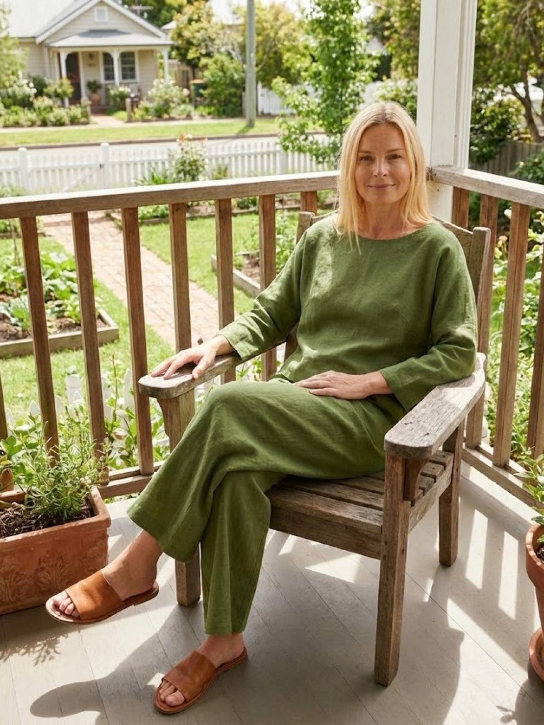 woman wearing loose solid color two-piece set sitting on wooden chair outdoors