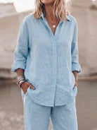 Model wearing oversized 100% cotton shirt with wide-leg pants co-ord set in relaxed fit