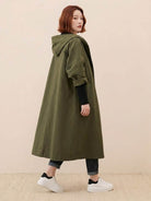 One size oversized green water-resistant windbreaker jacket with hood and longline design