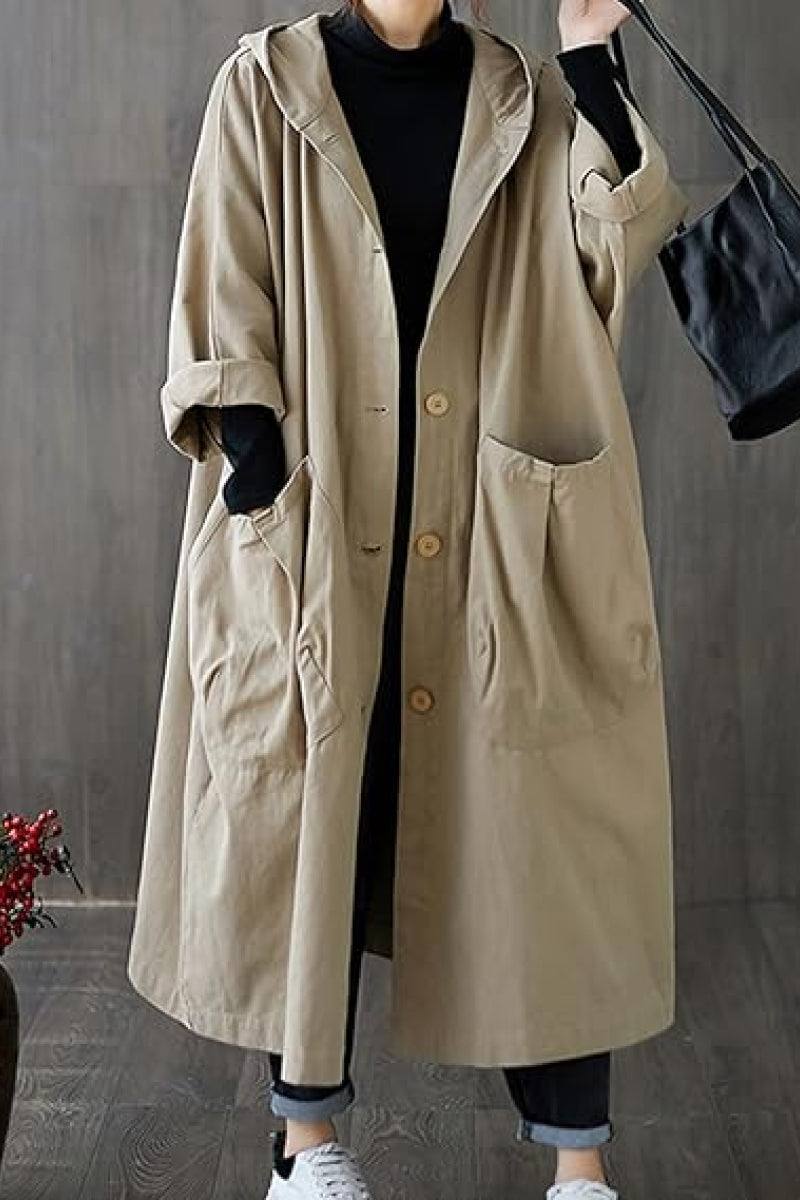 Oversized beige Heritage Windbreaker Jacket with hood and large front pockets, lightweight waterproof coat for layering