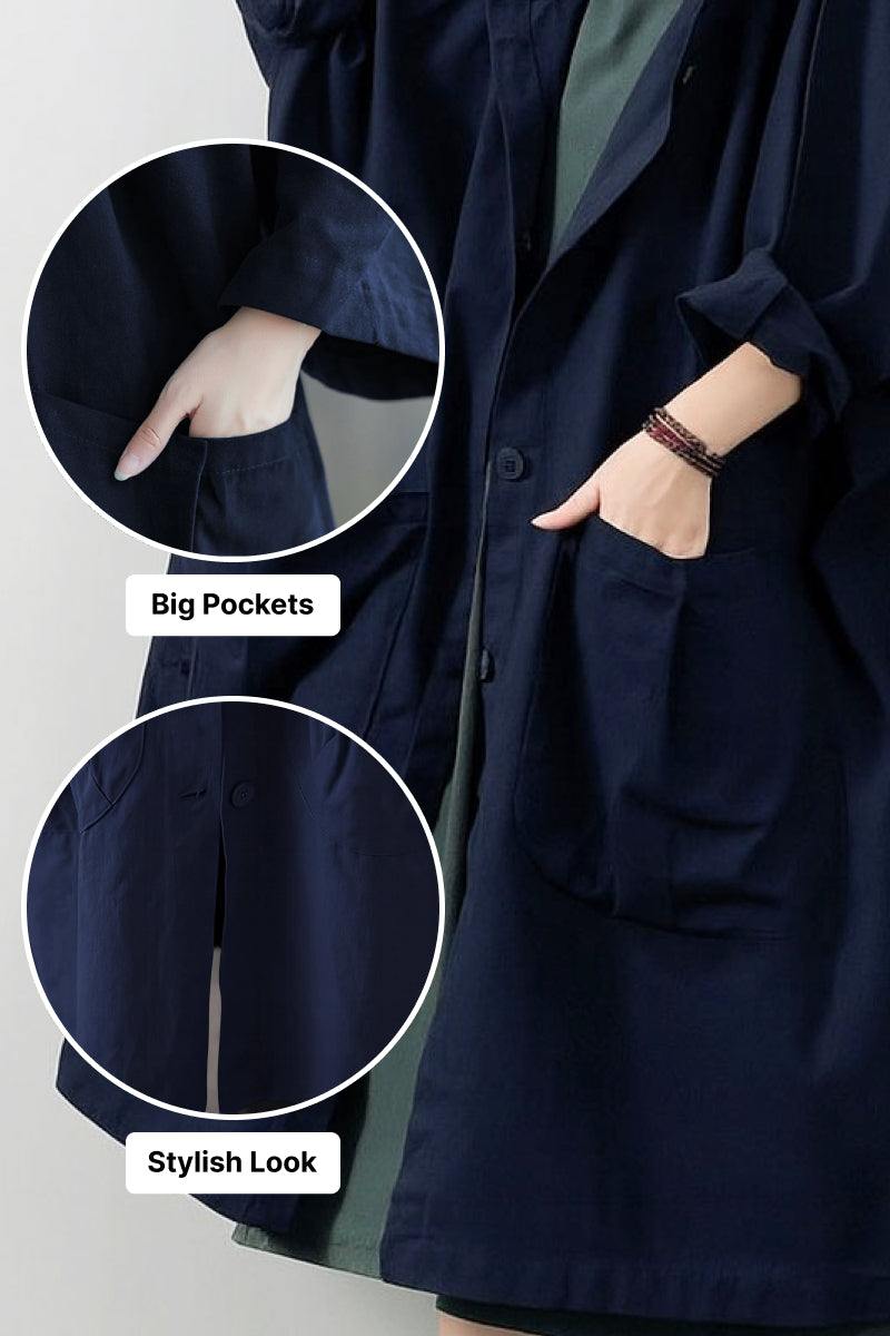 Oversized navy water-resistant windbreaker jacket with big pockets and waterproof design
