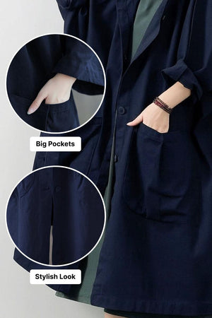 Oversized navy water-resistant windbreaker jacket with big pockets and waterproof design