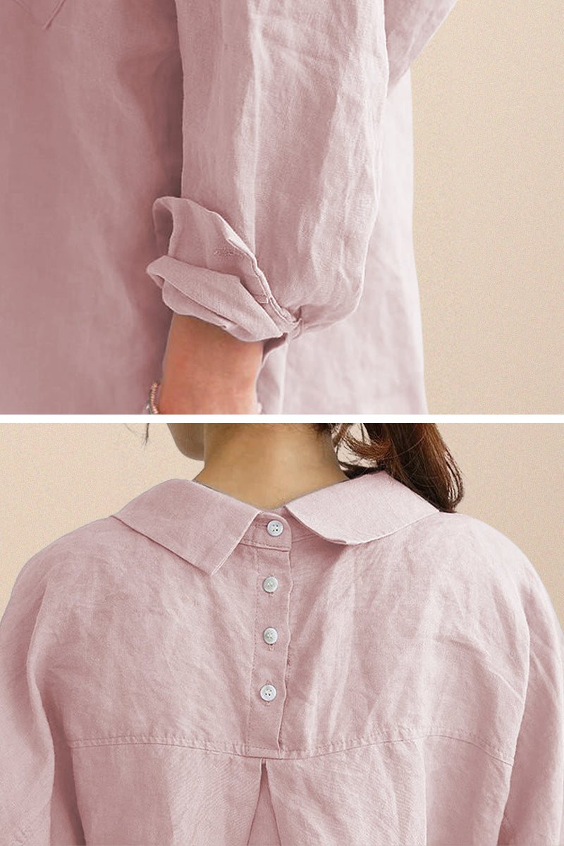 Close-up of the soft pink oversized linen shirt with rolled sleeves and vintage button back detailing on breathable cotton-linen fabric