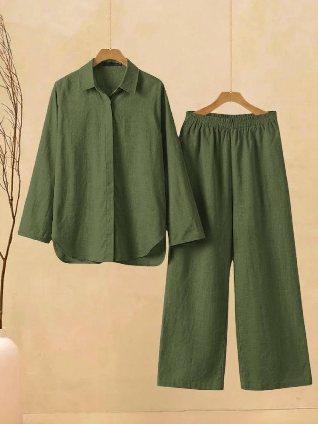 Oversized 100% cotton shirt and wide-leg pants co-ord set in green